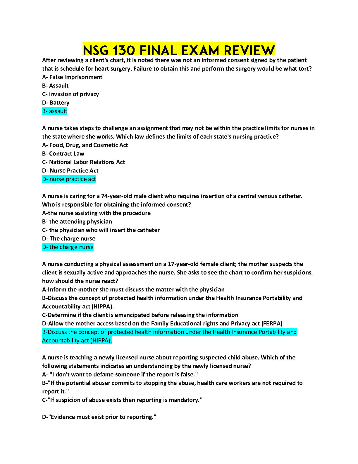 Preview image for NSG 130 FINAL EXAM REVIEW